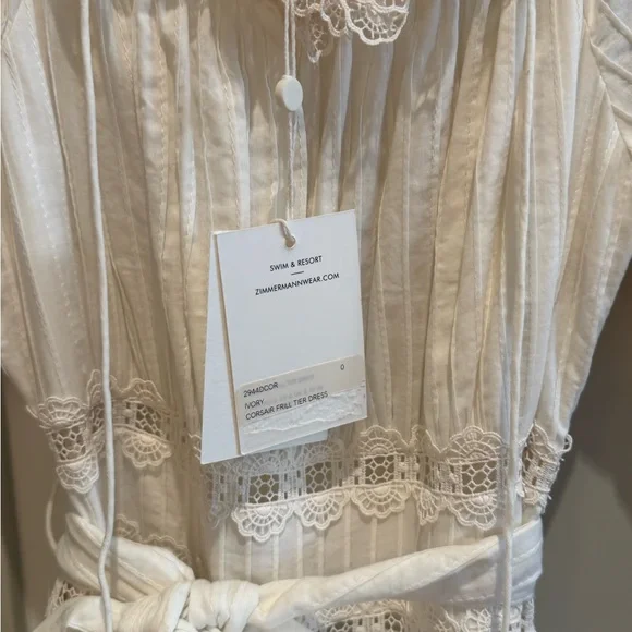 NWT Zimmermann Size 0 Ivory Cotton Lace Dress with Tie Waist - Picture 5 of 16